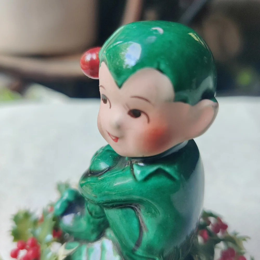 Vintage Inarco Christmas Pixie Elf on Holly Berry Figurine 4.5